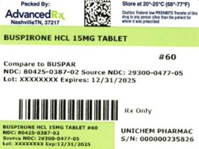 Buspirone 15mg #60 (Buspirone HCl 15mg 80425 0387 02)